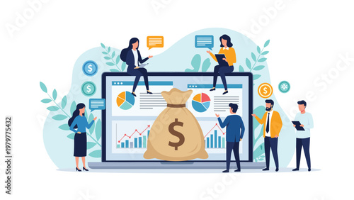 Team of business analysts working around a large laptop with a giant money bag representing financial profit and investment data.