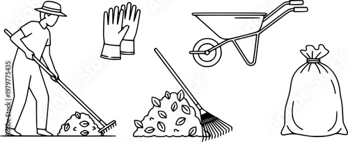Gardening and yard work line art icons showing a person raking, a pile of leaves, gloves, a wheelbarrow, a waste bag, and a rake in a minimalist black and white style