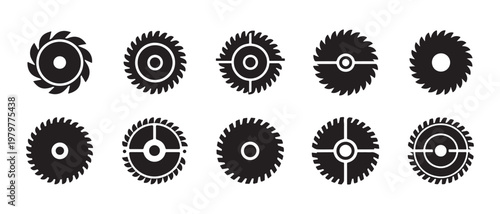 Circular Saw Blades Icon Set. Black Silhouettes with Different Center Designs on White Background.