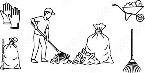 Gardening and yard work line art icons showing a person raking, a pile of leaves, gloves, a wheelbarrow, a waste bag, and a rake in a minimalist black and white style