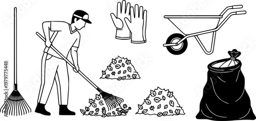 Gardening and yard work line art icons showing a person raking, a pile of leaves, gloves, a wheelbarrow, a waste bag, and a rake in a minimalist black and white style