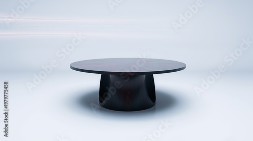 Modern dark brown wooden round coffee table with a unique base design on a light blue background