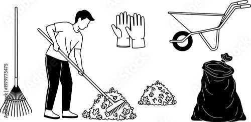 Gardening and yard work line art icons showing a person raking, a pile of leaves, gloves, a wheelbarrow, a waste bag, and a rake in a minimalist black and white style