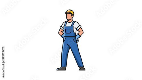 Professional male builder in blue overalls and yellow hard hat standing with hands on hips against a white background.