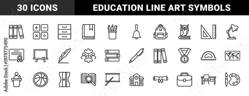 Black and white education icon set with thin line school and science symbols.