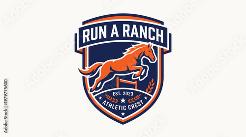 Run a Ranch Athletic Crest with Jumping Horse Logo Design.