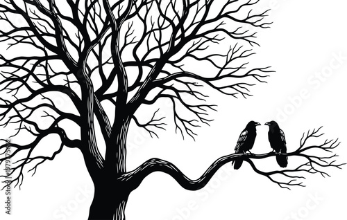 A striking black and white silhouette of a gnarled tree with two birds perched on a branch evoking a sense of quiet solitude and natural beauty
