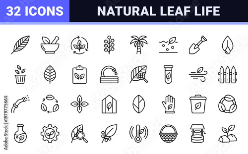 Minimalist plant and leaf line icons for nature and ecology
