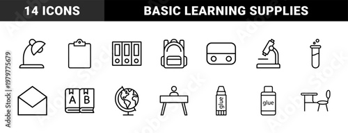 Minimalist education and school supplies line icons for learning and academic projects.