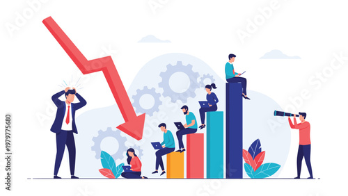 Business failure and crisis concept with stressed people on a declining bar chart and a large red arrow pointing downwards.
