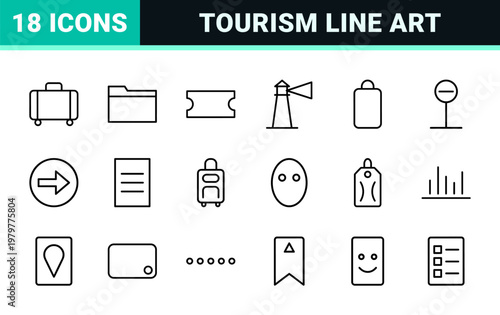 Minimalist travel line icons for tourism and vacation planning