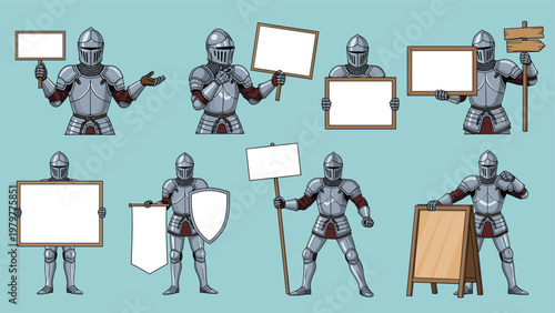 Collection of medieval knight characters in silver armor holding various blank signs, banners, and shields for advertising concepts.