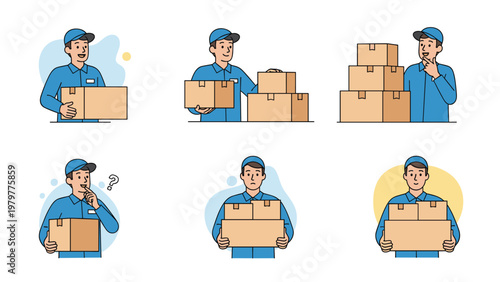 Delivery man wearing blue uniform and cap carrying cardboard boxes in various poses for logistics service.