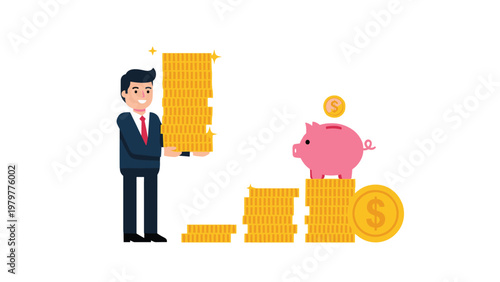 Successful businessman stacking many gold coins next to pink piggy bank for financial savings and investment.