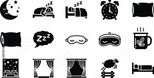 Collection of sleep and nighttime icons with alarm clock black and white flat design hot beverage curtains relaxation