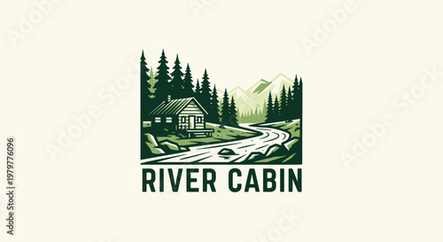 Scenic river cabin nestled amidst towering evergreen trees and mountains.
