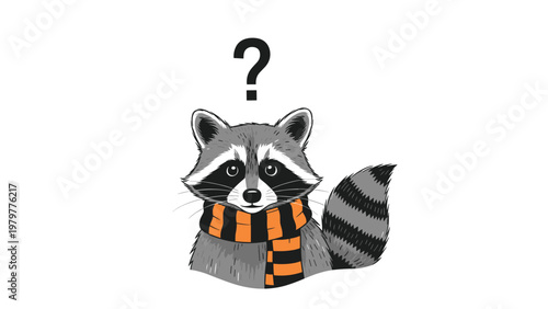Curiously confused raccoon wearing orange and black striped scarf with large question mark above its head.