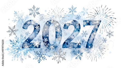 Watercolor Blue and Silver 2027 New Year Typography with Snowflakes and Fireworks