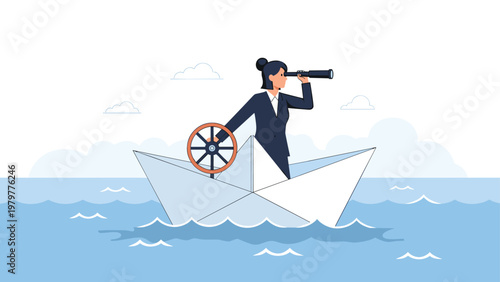 Visionary businesswoman standing in paper boat looking through telescope for future opportunities and growth.