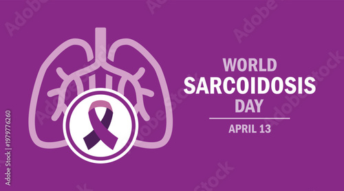 World Sarcoidosis Day poster vector illustration. Purple awareness ribbon and human lungs icon vector. Template for background, banner, card. April 13 every year. Important day
