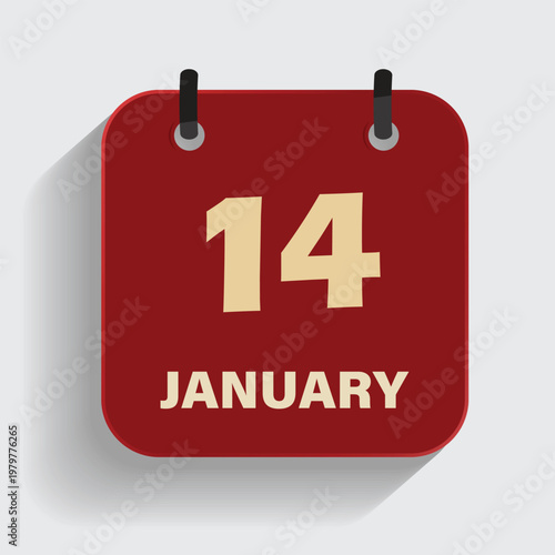 calendar icon showing fourteenth of january on red background for winter schedule and event planning