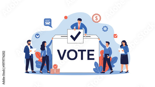 Diverse citizens participating in election by placing votes into large ballot box for democracy concept.
