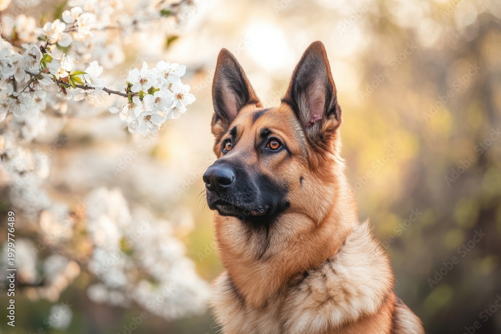 Fototapeta premium German Shepherd Dog Portrait with Spring Cherry Blossoms Background