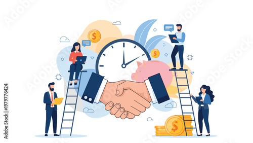 Business deal and time management concept with large handshake clock and piggy bank between people on ladders.