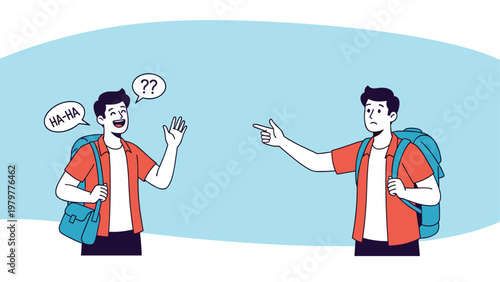 Two young travelers with backpacks having different reactions with one laughing and the other confused and pointing.