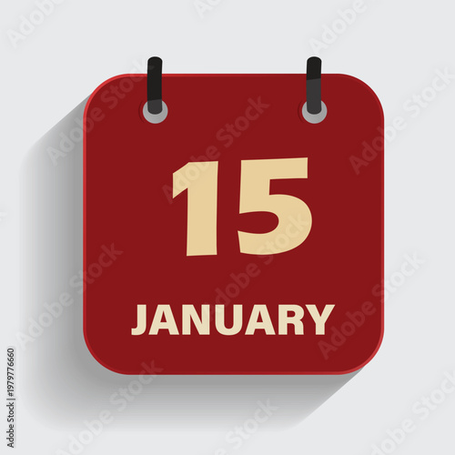 calendar icon showing fifteenth of january on red background for winter schedule and event planning