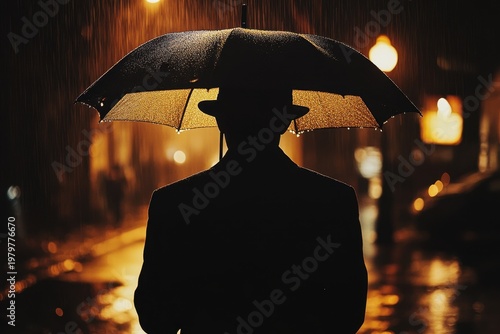 Silhouette of Person with Umbrella Walking in Rain at Night
