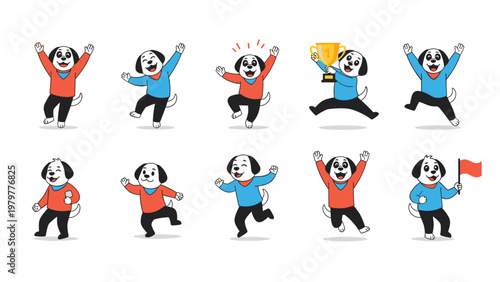 Set of cute black and white dog character poses showing various happy active and celebrating expressions.