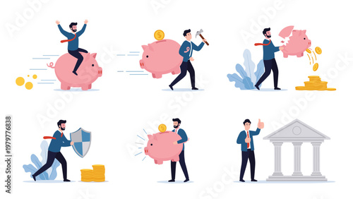 Businessman character set interacting with pink piggy bank in different ways like riding saving and breaking.