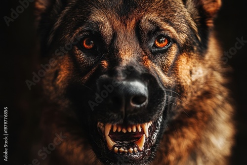 Aggressive German Shepherd Dog Baring Teeth Close-up Portrait