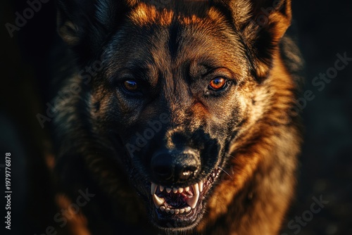 Aggressive German Shepherd Dog Snarling with Bared Teeth Close-up