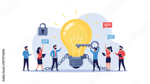 Intellectual property and idea protection concept with people guarding a large lightbulb with chains and lock.
