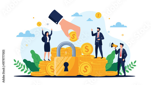 Financial security and wealth protection concept with people around large padlock and stacks of gold coins.
