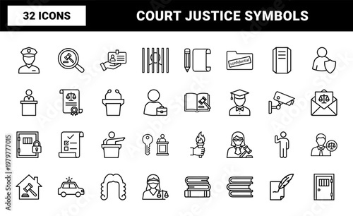 Legal and justice thin line icons set for court and law