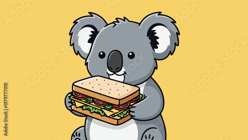 Adorable cartoon koala bear holding a giant delicious-looking sandwich with various fillings.