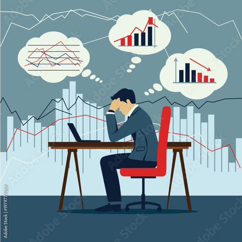 Stressed Businessman Facing Global Economic Crisis and Stock Market Volatility Illustration