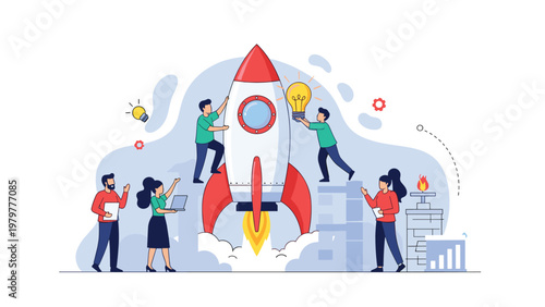 Business startup team working together to build and launch a rocket representing new venture and growth.