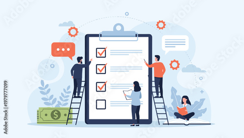 Team of office professionals works together to complete tasks on a giant clipboard checklist representing productivity and effective project management.