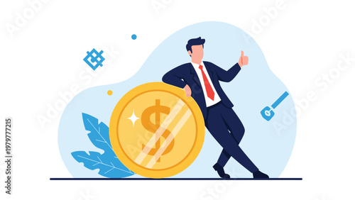Successful businessman in a suit leans against a giant golden dollar coin and gives a thumbs up to celebrate financial prosperity and wealth.