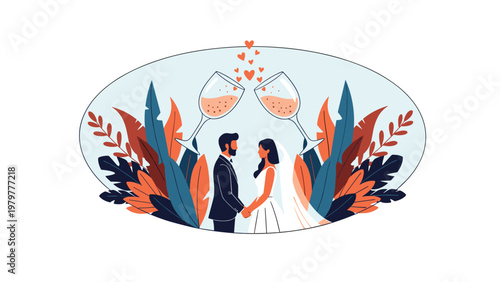 Elegant wedding couple stands between two giant champagne glasses surrounded by autumn leaves to celebrate their marriage and a lifetime of love.
