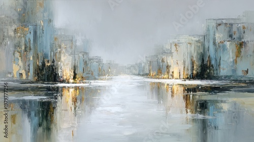 Frozen landscape of a city. Coldest place on Earth. Abstract painting in white gold black gray. Snow extreme cold ice river concept in Arctic northern Europe Russia Yakutia Yakutsk.