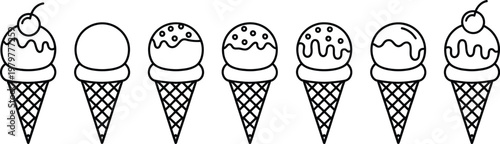 ice cream cones black and white vector set of assorted dessert cones with various toppings for menu branding packaging design