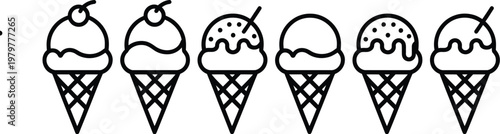 ice cream cones monochrome vector illustration showing assorted cones with toppings decorations for bakery cafe menu and digital graphics