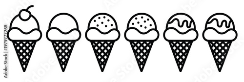 ice cream cones vector illustration featuring assorted toppings and decorative styles in black and white minimalist dessert artwork design