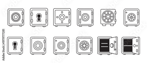 Collection of Safe Box Icons. with Various Lock Types and Open Doors in Minimal Line Art Style on White Background.