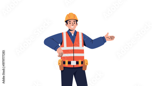 Confident construction worker wearing a safety vest and an orange hard hat gestures towards the side to present an industrial project or service.
